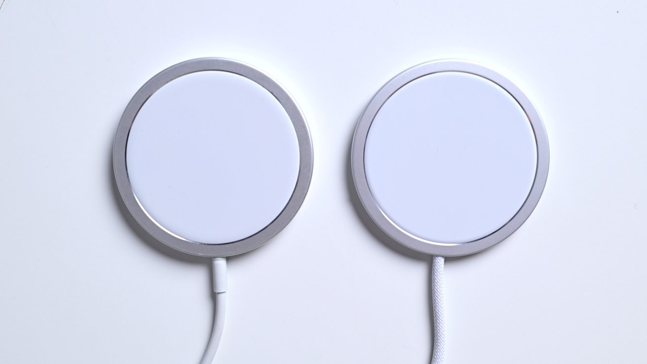 The old versus new MagSafe charging as viewed from the front on a white table