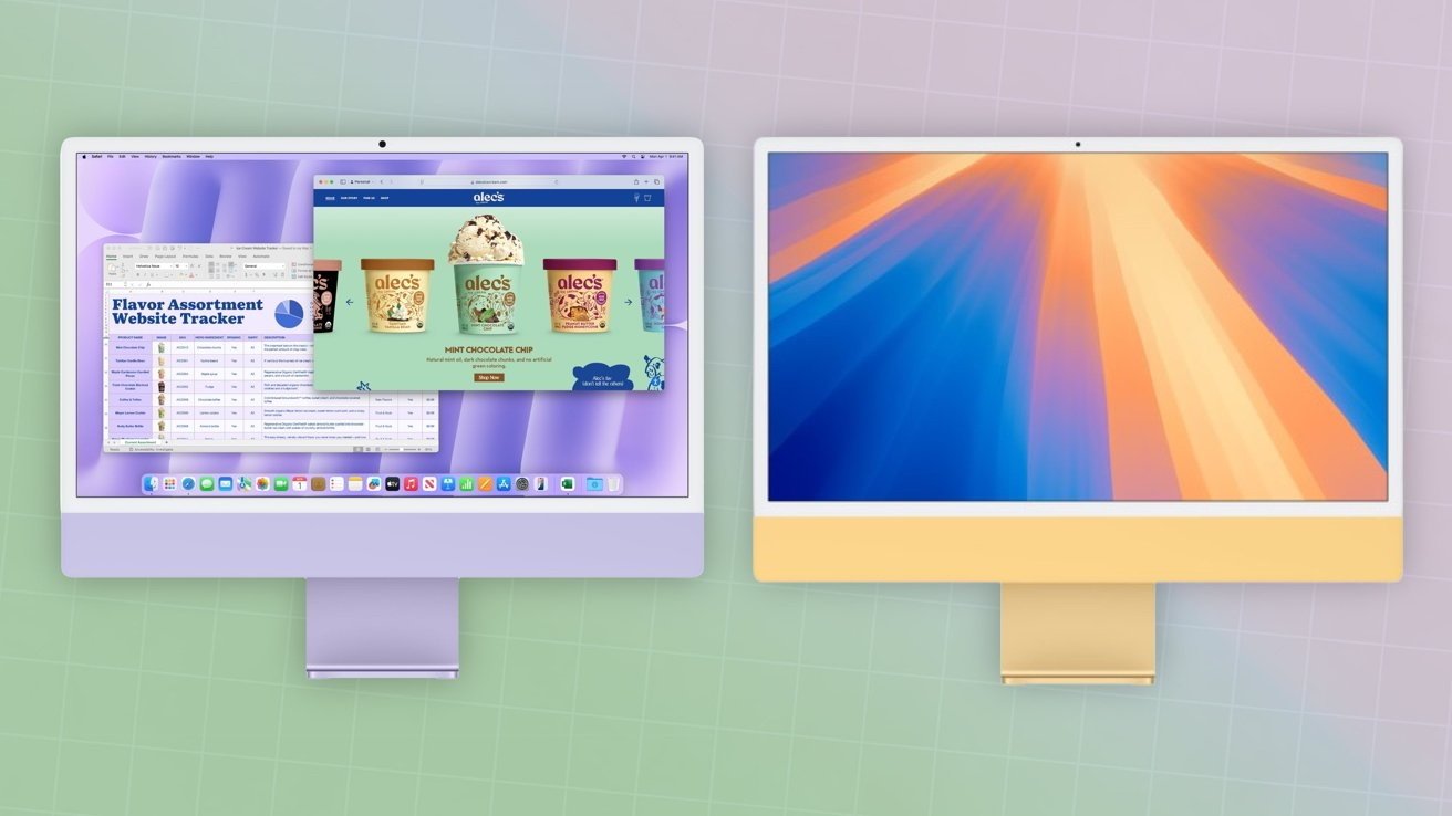 M3 iMac in yellow and M4 iMac in purple.